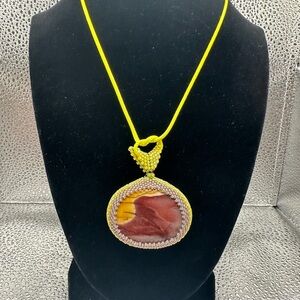Vibrant Yellow and Red Mookaite Jasper Stone Cabochon Hand carved & beaded Bezel